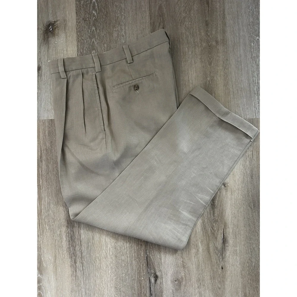 Jos A Bank Travelers Collection‎ 100% Linen Dress Pants 34x29 Tan Pleated Cuffed